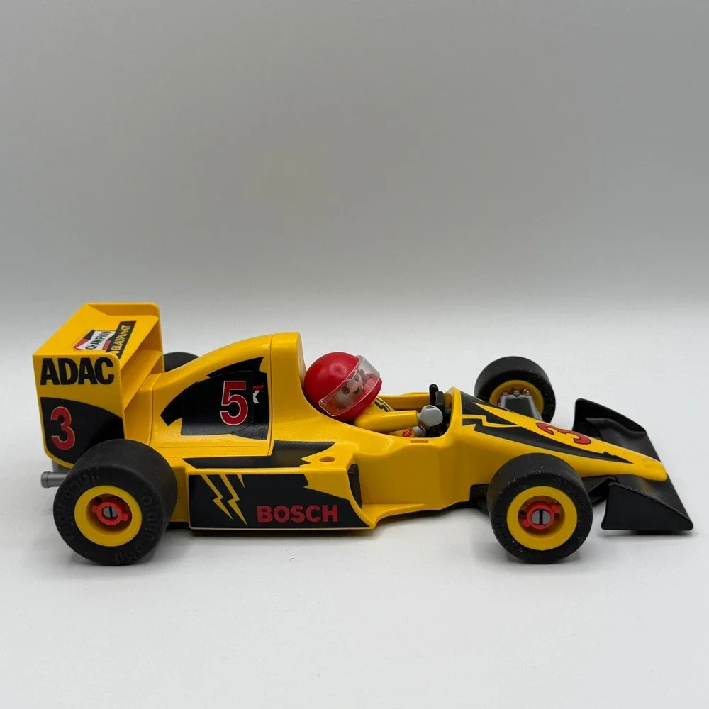 Vintage Playmobil 3930 Formula 1 Yellow Race Car 3 Driver ADAC Uvex Bosch F1